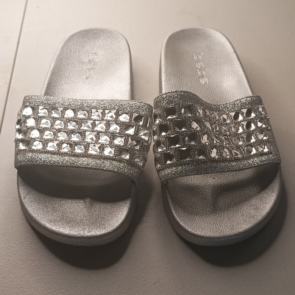 Silver bebe Slides with bling on them